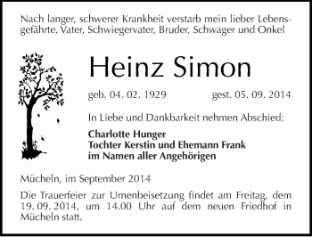 Traueranzeige von Heinz Simon von Mitteldeutsche Zeitung Merseburg/Querfurt