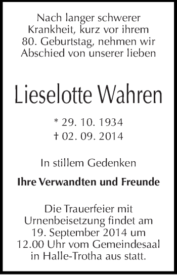 Traueranzeige von Lieselotte Wahren von Mitteldeutsche Zeitung Halle/Saalkreis