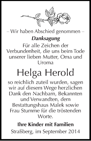 Traueranzeige von Helga Herold von Mitteldeutsche Zeitung Quedlinburg