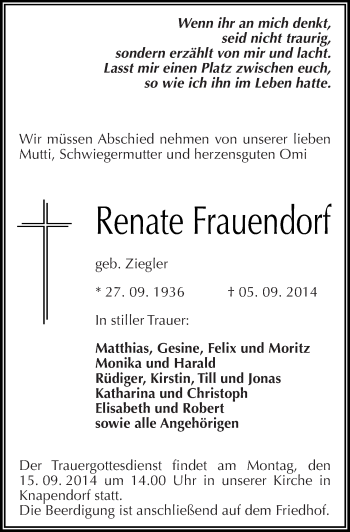 Traueranzeige von Renate Frauendorf von Mitteldeutsche Zeitung