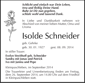 Traueranzeige von Isolde Schneider von Mitteldeutsche Zeitung Köthen