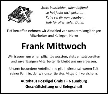 Traueranzeige von Frank Mittwoch von Mitteldeutsche Zeitung Naumburg/Nebra