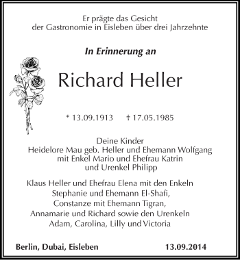 Traueranzeige von Richard Heller von Mitteldeutsche Zeitung Mansfelder Land