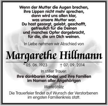 Traueranzeige von Margarethe Hillmann von Mitteldeutsche Zeitung Naumburg/Nebra