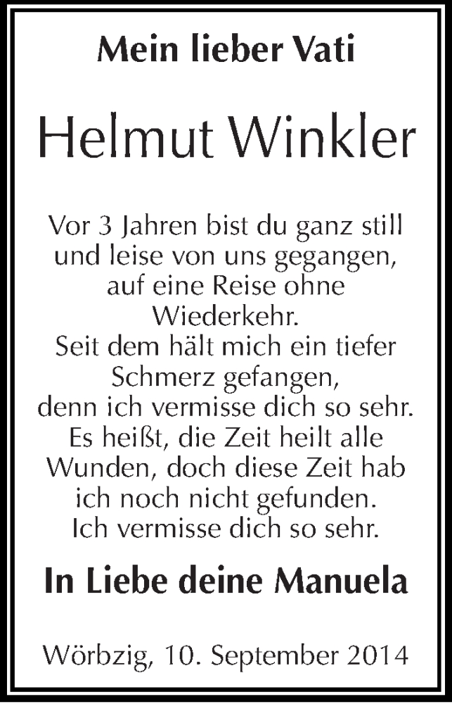  Traueranzeige für Helmut Winkler vom 10.09.2014 aus Mitteldeutsche Zeitung Köthen