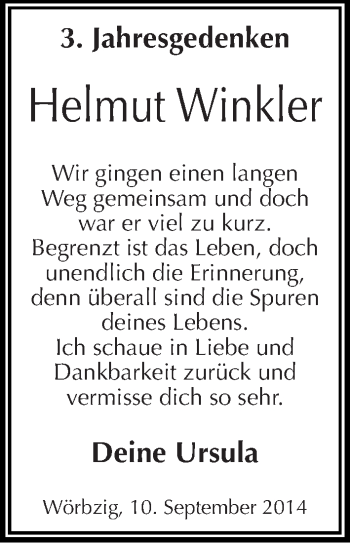 Traueranzeige von Helmut Winkler von Mitteldeutsche Zeitung Köthen