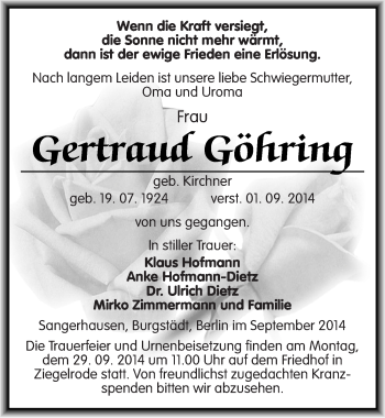 Traueranzeige von Gertraud Göhring von Mitteldeutsche Zeitung Mansfelder Land