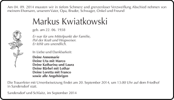 Traueranzeige von Markus Kwiatkowski von Mitteldeutsche Zeitung Bitterfeld