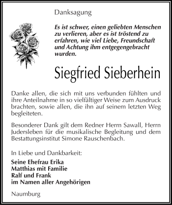 Traueranzeige von Siegfried Sieberhein von Mitteldeutsche Zeitung Naumburg/Nebra