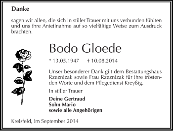 Traueranzeige von Bodo Gloede von Mitteldeutsche Zeitung Mansfelder Land