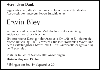 Traueranzeige von Erwin Bley von Mitteldeutsche Zeitung Mansfelder Land