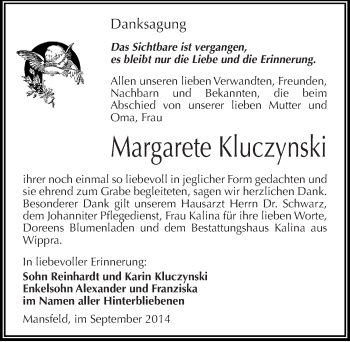 Traueranzeige von Margarete KIuczynski von Mitteldeutsche Zeitung Mansfelder Land