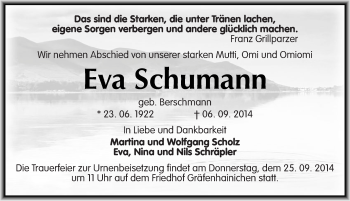 Traueranzeige von Eva Schumann von Mitteldeutsche Zeitung Wittenberg