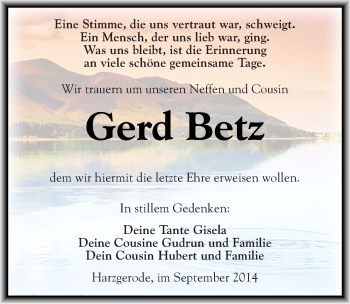 Traueranzeige von Gerd Betz von Mitteldeutsche Zeitung Quedlinburg