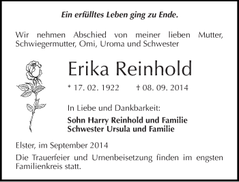 Traueranzeige von Erika Reinhold von Mitteldeutsche Zeitung Wittenberg