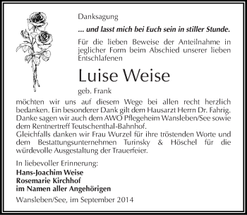 Traueranzeige von Luise Weise von Mitteldeutsche Zeitung Mansfelder Land