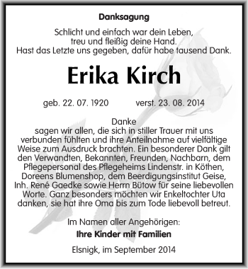 Traueranzeige von Erika Kirch von Mitteldeutsche Zeitung Köthen