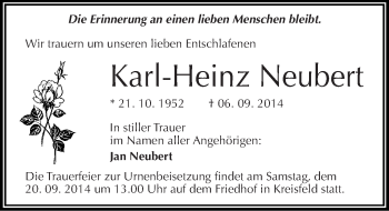 Traueranzeige von Karl-Heinz Neubert von Mitteldeutsche Zeitung Mansfelder Land