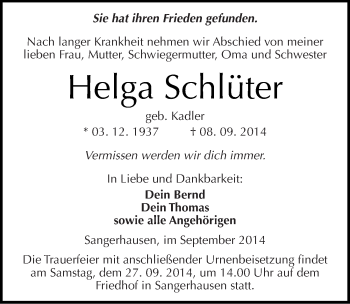 Traueranzeige von Helga Schlüter von Mitteldeutsche Zeitung Sangerhausen