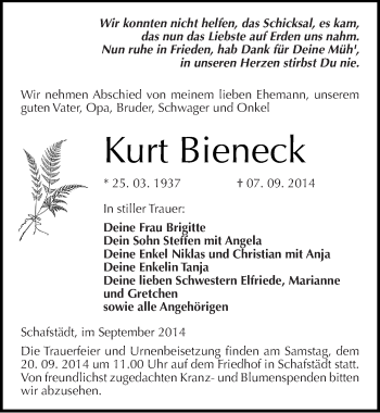 Traueranzeige von Kurt Bieneck von Mitteldeutsche Zeitung Merseburg/Querfurt
