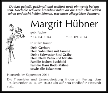 Traueranzeige von Margrit Hübner von Mitteldeutsche Zeitung Mansfelder Land