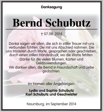 Traueranzeige von Bernd Schubutz von Mitteldeutsche Zeitung Naumburg/Nebra
