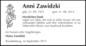 Traueranzeige von Anni Zawidzki von Mitteldeutsche Zeitung Halle/Saalkreis