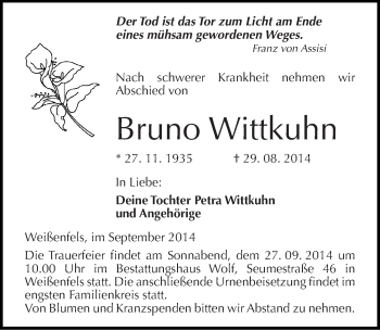 Traueranzeige von Bruno Wittkuhn von Mitteldeutsche Zeitung Weißenfels