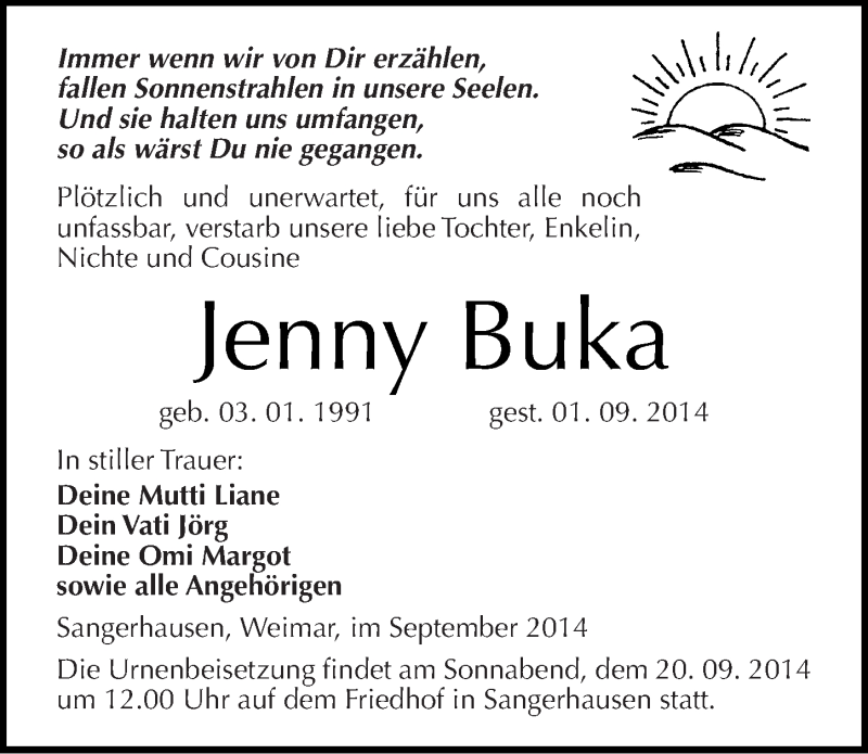  Traueranzeige für Jenny Buka vom 12.09.2014 aus Mitteldeutsche Zeitung Sangerhausen