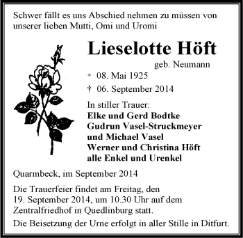 Traueranzeige von Lieselotte Höft von Mitteldeutsche Zeitung Quedlinburg