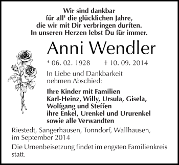 Traueranzeige von Anni Wendler von Mitteldeutsche Zeitung Sangerhausen