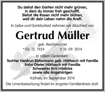 Traueranzeige von Gertrud Müller von Mitteldeutsche Zeitung Köthen