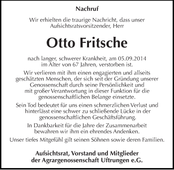 Traueranzeige von Otto Fritsche von Mitteldeutsche Zeitung Sangerhausen