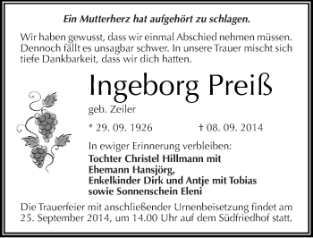 Traueranzeige von Ingeborg Preiß von Mitteldeutsche Zeitung Halle/Saalkreis