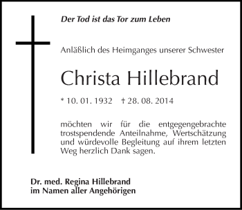 Traueranzeige von Christa Hillebrand von Mitteldeutsche Zeitung Dessau-Roßlau