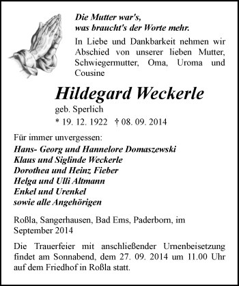 Traueranzeige von Hildegard Weckerle von Mitteldeutsche Zeitung Sangerhausen