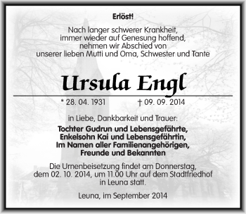 Traueranzeige von Ursula Engl von Mitteldeutsche Zeitung Merseburg/Querfurt