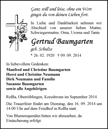Traueranzeige von Gertrud Baumgarten von Mitteldeutsche Zeitung Sangerhausen