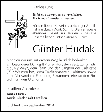 Traueranzeige von Günter Hudak von Mitteldeutsche Zeitung Weißenfels