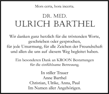 Traueranzeige von Ulrich Barthel von Mitteldeutsche Zeitung Halle/Saalkreis