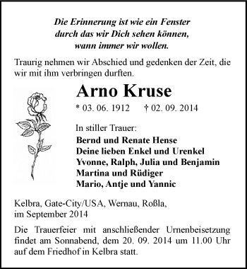 Traueranzeige von Arno Kruse von Mitteldeutsche Zeitung Sangerhausen