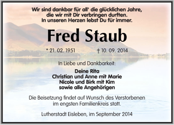 Traueranzeige von Fred Staub von Mitteldeutsche Zeitung Mansfelder Land
