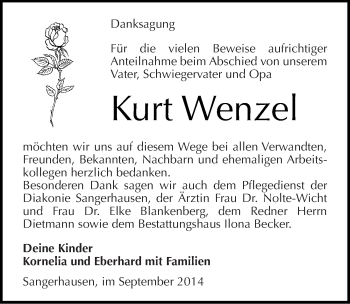 Traueranzeige von Kurt Wenzel von Mitteldeutsche Zeitung Sangerhausen