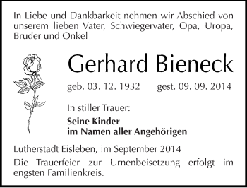 Traueranzeige von Gerhard Bieneck von Mitteldeutsche Zeitung Mansfelder Land