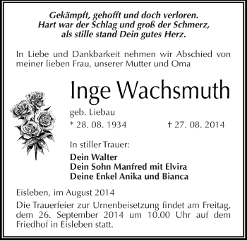 Traueranzeige von Inge Wachsmuth von Mitteldeutsche Zeitung Mansfelder Land