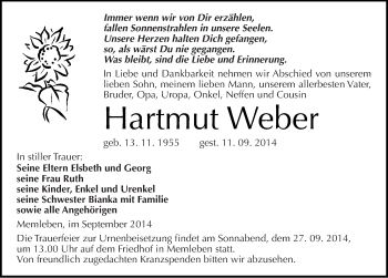 Traueranzeige von Hartmut Weber von Mitteldeutsche Zeitung Naumburg/Nebra
