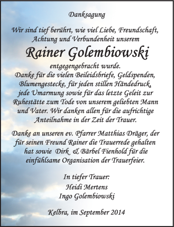 Traueranzeige von Rainer Golembiowski von Mitteldeutsche Zeitung Sangerhausen