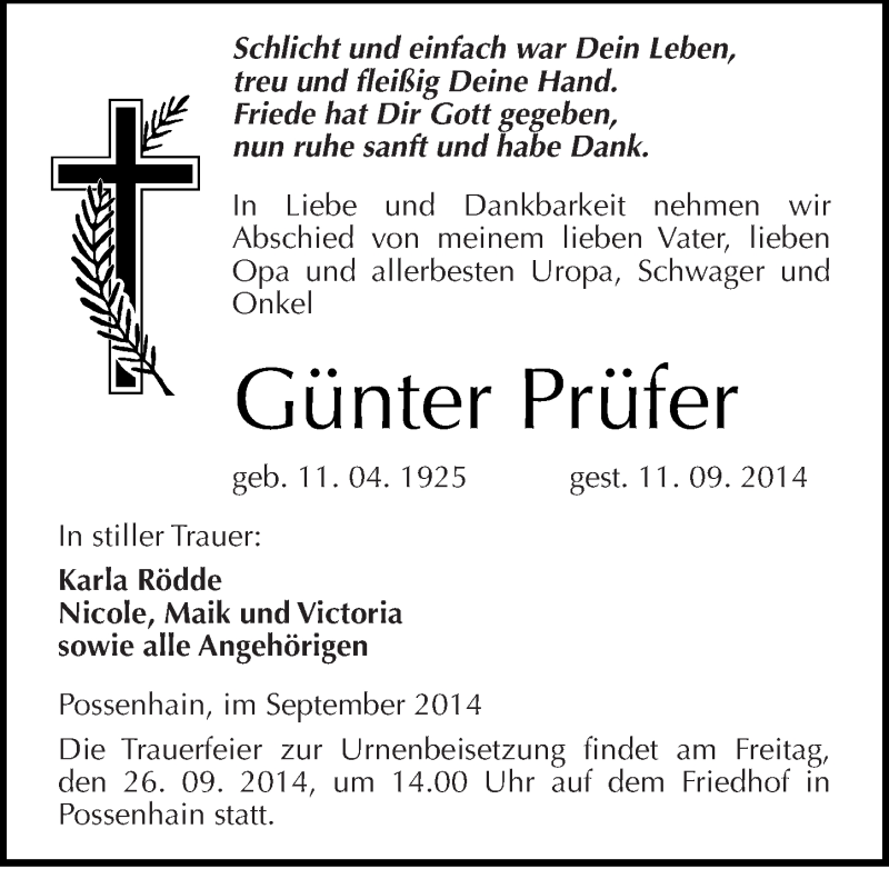  Traueranzeige für Günter Prüfer vom 20.09.2014 aus Mitteldeutsche Zeitung Naumburg/Nebra