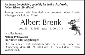Traueranzeige von Albert Brenk von Mitteldeutsche Zeitung Wittenberg