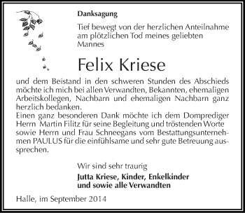 Traueranzeige von Felix Kriese von Mitteldeutsche Zeitung Halle/Saalkreis